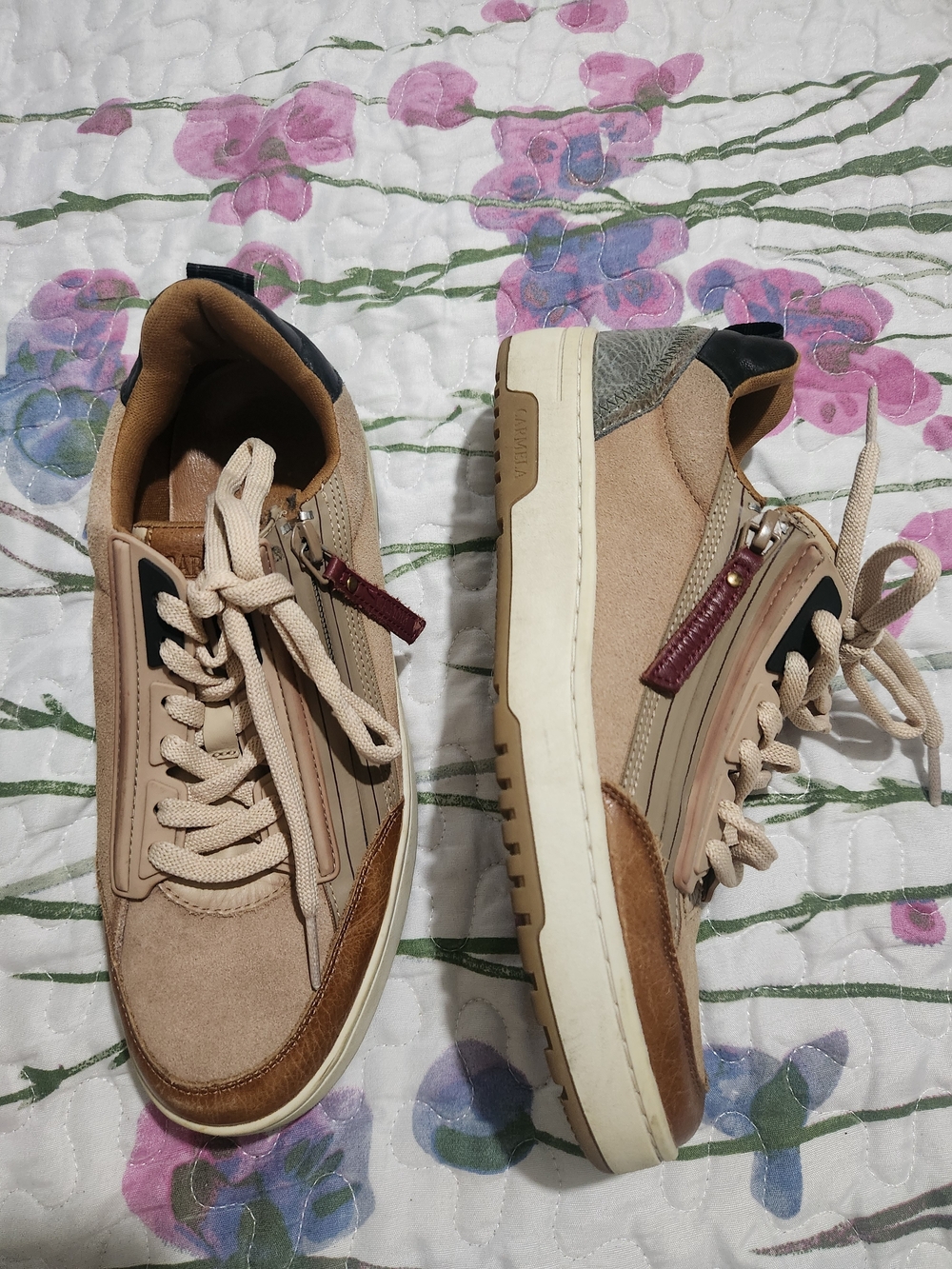 Carmela Beige Suede & Leather Zip-Accent Sneakers